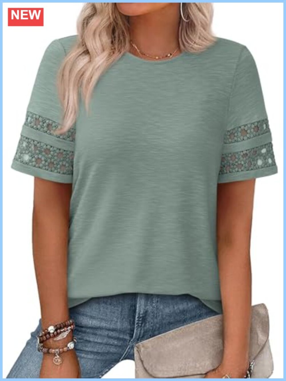 Women's Short Sleeve Lace Trim T-Shirt Summer Crew Neck Pullover